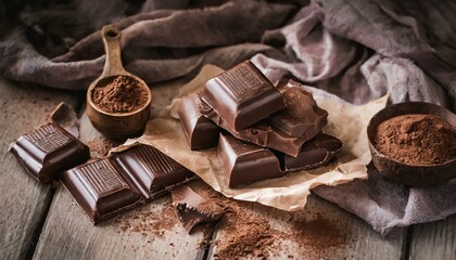 Pieces of chocolate bars on rustic wooden background. Silky paper for food in the composition.
