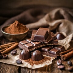 Pieces of chocolate bars on rustic wooden background. Silky paper for food in the composition.
