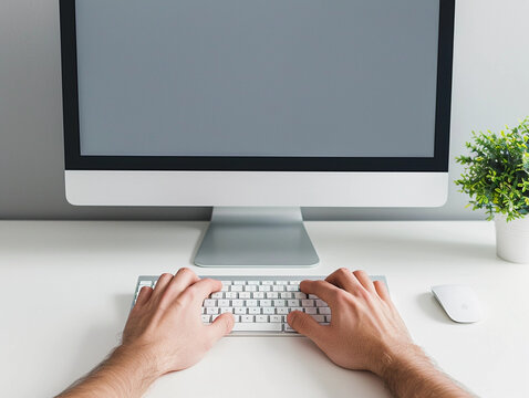 A first person pov shot of a white, dual monitor computer screen unruly corporate desk with a keyboard and gentle typing hands 