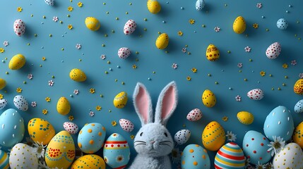 Blue background with Easter eggs of varying sizes and colors scattered around