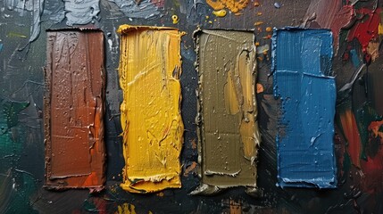 Four acrylic paint colors with texture, several strokes of multi-colored paint depict a frag of the community on a light surface. short focus, blur. A temporary object, not a piece of art.
