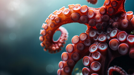 A vivid close-up of an octopus tentacle, showcasing the suction cups and vibrant red-orange color underwater.