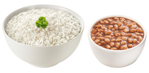 tigela com arroz branco cozido e tigela com feijão cozido isolado em fundo transparente