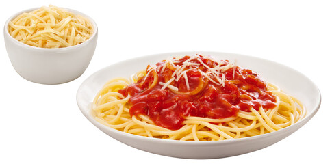 prato com espaguete cozido com molho de extrato de tomate acompanhado de pote de queijo parmesão...