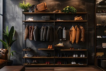 a room with a variety of clothes and shoes - obrazy, fototapety, plakaty