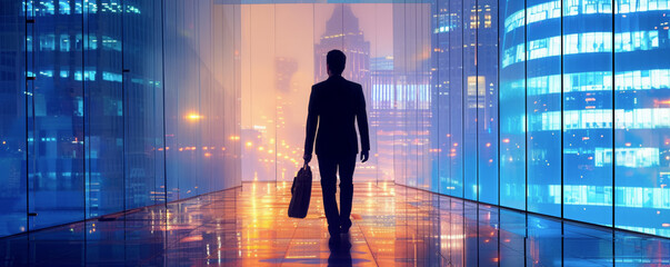 In heart of city, single figure paves his way through the maze of commerce and ambition, his journey reflecting off glass and steel. A solitary businessman strides through corridor lit by city's glow