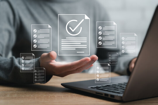 Certificate quality and smart checklist document online,  Standardization concept, Women show Certificate in hand and evaluation online survey exam international standard certification of product