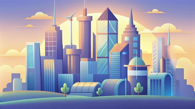 A city skyline dominated by sleek energyefficient buildings made from sustainable materials with solar panels and wind turbines incorporated