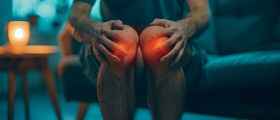 Man with painful knee condition showing red spot on joint Condition affecting mens health. Concept Painful Knee Condition, Men's Health, Joint Health, Red Spot on Knee, Health Awareness - obrazy, fototapety, plakaty