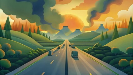 A series of billboards along major highways featuring dramatic images of deforestation pollution and extreme weather events with messages urging