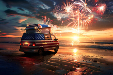 camping car in american flag colors on the beach and fireworks in the sunset sky, 4th of July concept