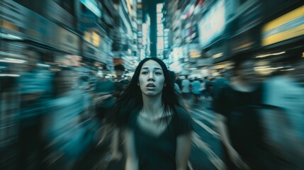 Anxious woman in urban crowd, motion blur conveying rush and stress of city life