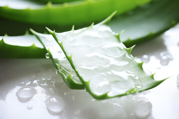 opened aloe leaf, its juice around on the white marble background, fresh feeling, aesthetical, much white space сreated with Generative Ai