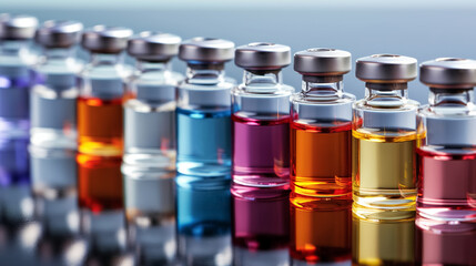 Row of small glass vials filled with colorful liquids, symbolizing chemical diversity and scientific research.