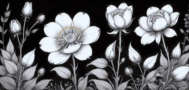 Illustrative black and white image of a close-up of flowering plants in a meadow - ai generated