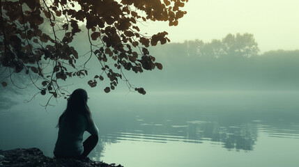 A person sits contemplatively by a mist-covered lake, surrounded by the silence and serenity of a tranquil dawn.