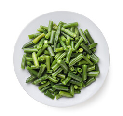 Green beans in a plate on a white background. Top view - 774984730