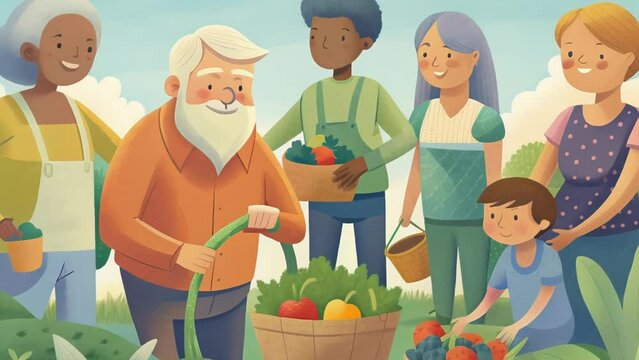 A group of neighbors young and old tending to their shared community garden plot with a sense of camaraderie and joy.