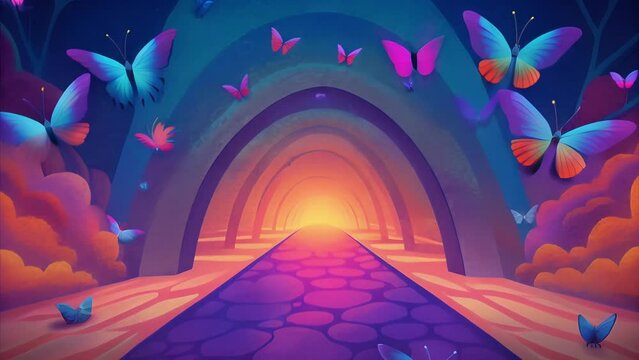 A colorful array of butterflies flit effortlessly through a brightlypainted tunnel moving from one side of a road to the other in a matter of