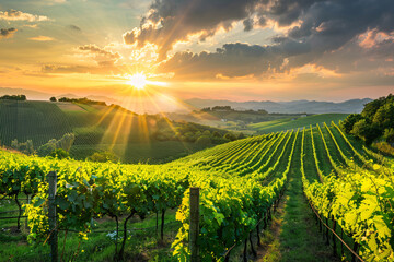 vineyard with sunset sky on the background