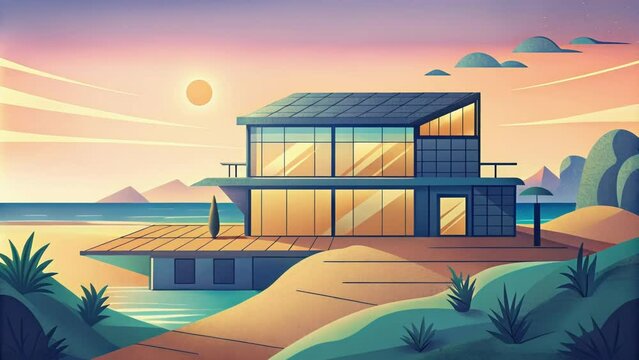 A luxurious beachfront villa with large windows and glass doors powered by solar energy stored in a stateoftheart battery storage system hidden