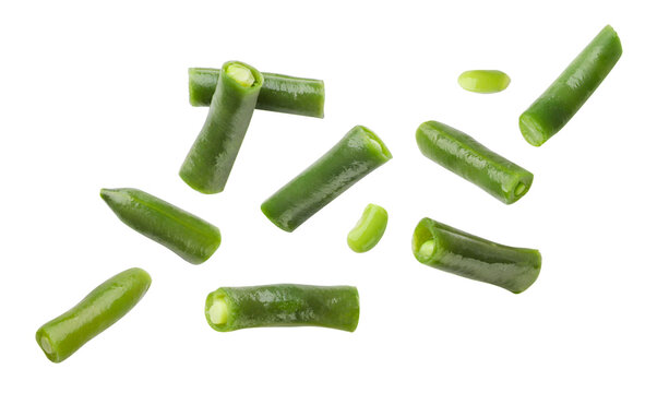 Green beans flying close-up on a white background. Isolated