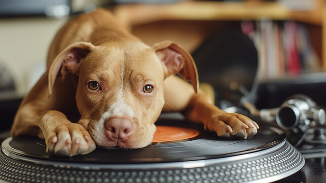 A relaxed dog lies on a DJ's turntable, with its paws on a vinyl record, combining music vibes with pet cuteness.