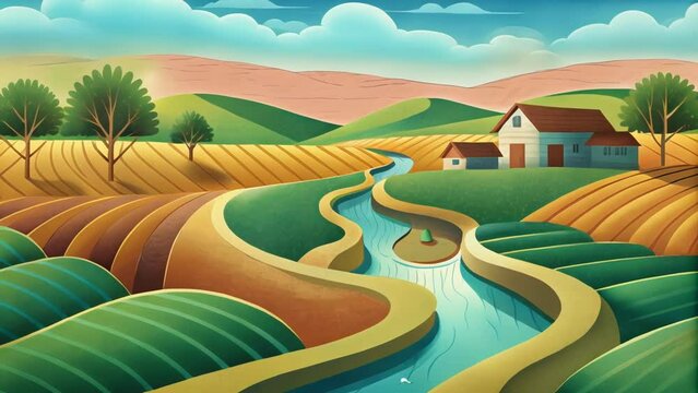 A rural farm using contour farming ods reducing water runoff and retaining moisture in the soil for sustainable crop growth.