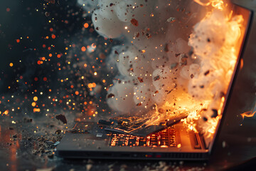 a dell laptop shattering into a thousand pieces and lighting on fire