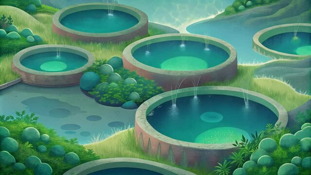 A series of aquamarine ponds surrounded by lush greenery harnessing the power of microalgae to fuel our cars and homes.