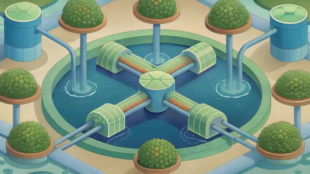 An intricate system of channels and pumps connecting each algae growth pond maximizing efficiency and energy production.