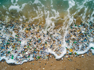 Closeup to sea ocean beach sand with micro plastics. Top view. Environment, pollution, plastic waste concept 