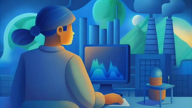 A geothermal energy scientist stands in front of a computer screen analyzing vast amounts of data collected from geothermal power plants around