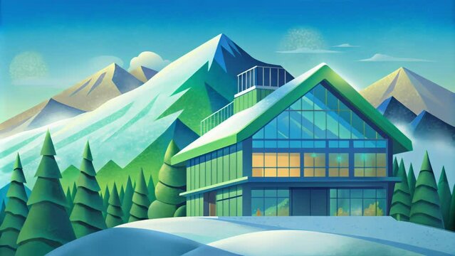 At a popular ski resort a green building architect designs a ski lodge that blends into the mountainside with a green roof to insulate against