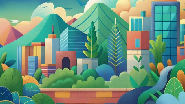 A colorful mural on the side of a building depicting scenes of sustainable living serving as a reminder of the urban planners vision for a more