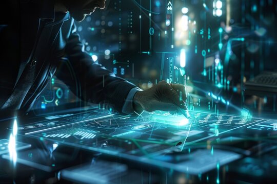 A man is typing on a computer screen with a blue background