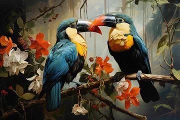 Papier Peint photo Lavable Toucan Exotic toucans perched on tree branches, their vibrant beaks and tropical allure creating a captivating garden scene captured in high definition.