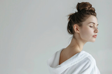 young beautiful woman in bathrobe over white background with copy space