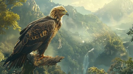 Golden Eagle on a branch against the background of a waterfall in the mountains