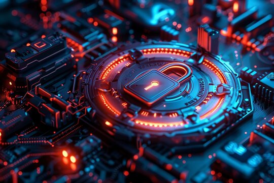 A futuristic representation of Endpoint Detection and Response EDR concept, incorporating a prominent padlock symbol amidst a sophisticated, cybersecurity themed
