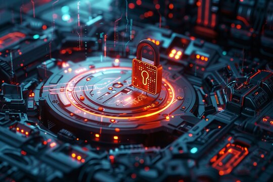 A futuristic representation of Endpoint Detection and Response EDR concept, incorporating a prominent padlock symbol amidst a sophisticated, cybersecurity themed