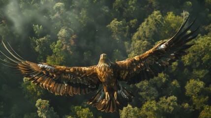 Golden Eagle in flight over the forest. Eagle in the wild. - obrazy, fototapety, plakaty