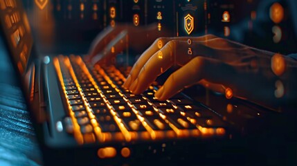 Closeup image of laptop keyboard with hands typing, emphasizing a GDPR shield icon in the dark, high-tech color scheme for enhanced data protection and privacy - obrazy, fototapety, plakaty