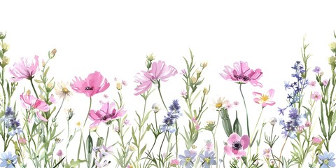 Obraz na płótnie Canvas wild flower field watercolor border background