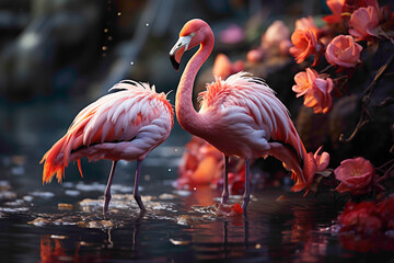Whimsical flamingos adding a touch of pink elegance to a garden pond, their unique beauty captured in a detailed and high-quality photograph. - obrazy, fototapety, plakaty