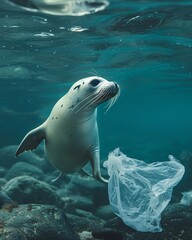 The serene underwater world is disrupted as a solitary seal comes across a drifting plastic bag, highlighting the troubling impact of plastic pollution on marine ecosystems