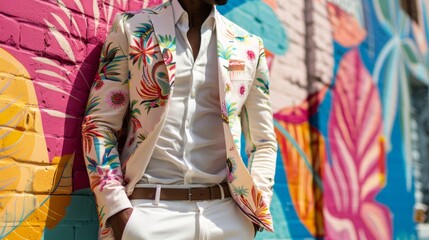 an african american man posing in white shirt and trousers and colorful jacket with floral pattern. He is standing against a colorful wall
