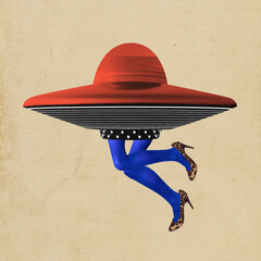 Poster. Contemporary art collage. Surreal artwork featuring red UFO hat, blue legs with leopard...