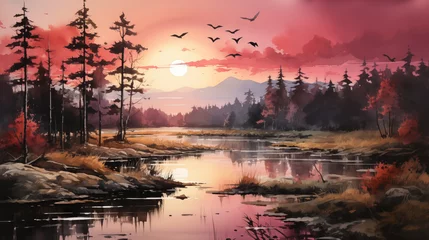 Muurstickers sunset on the lake with birds © TatouneArt