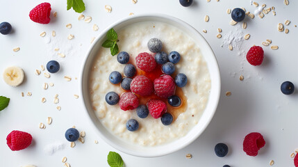 A breakfast meal consisting of a bowl of porridge with raspberries and blueberries.